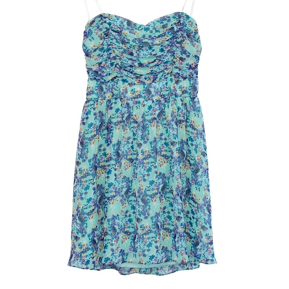 Y2K B Darlin Strapless Mini Dress Women S Teal Blue Floral Ruched Chiffon USA